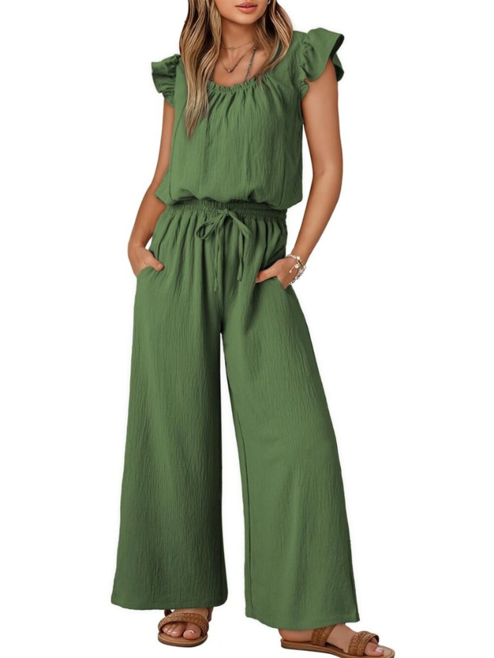 Jumpsuits for Women 2026 Summer Ruffle Sleeves Square Neck Rompers Drawstring